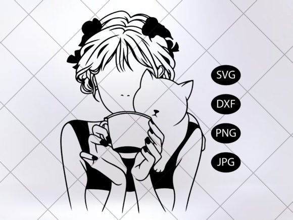 Girl Drinking Coffee with Cat Svg Review